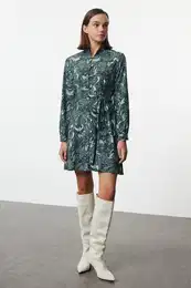 Green Belted Shawl Pattern Lined Mini Woven Shirt Dress