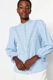 Light Blue Lace Cotton Woven Shirt
