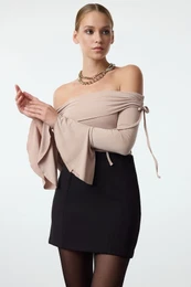 Stone Carmen Collar Tie Detailed Spanish Sleeve Knitted Stylish Blouse