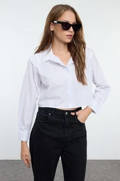 Ecru Padded Detailed Stone Regular Regular Cut Crop Woven Shirt