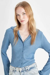 Cool Fitted Basic Plain Buttoned Long Sleeve Crop Shirt