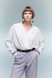 Regular Fit Wrap Collar Satin Long Sleeve Blouse