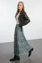 Multicolored Elastic Waist Pleated A Line/A Cut Abstract Patterned Midi Skirt