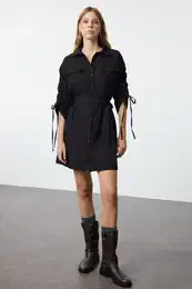 Black Pocket and Gather Detailed Mini Woven Shirt Dress