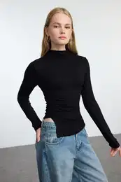 Black Fitted Ruffle/Drape Detailed High Collar Knitted Blouse