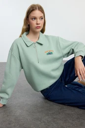 Mint Zipper Collar Embroidery Detailed Regular Fit Thick Inside Fleece Knitted Sweatshirt