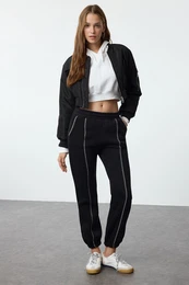 Black Contrast Stitched Straight Fit Thick Polar Fleece Knitted Sweatpants