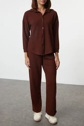 Brown Relaxed/Comfortable Cut Brushed Flexible Knitted Bottom-Top Set
