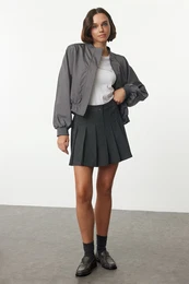 Anthracite Pleat Detail Polyviscose Fabric Mini Woven Skirt