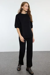 Black Basic Short Sleeve T-Shirt Look Knitwear Bottom-Top Set