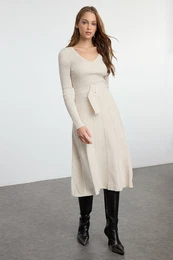 Stone Midi Knit Belted Flounce Dress