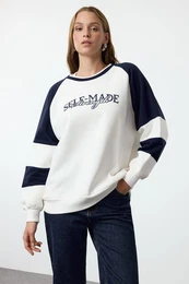 Ecru Color Blocked Front Back Printed Oversize Pattern Raglan Sleeve Knitted Sweatshirt