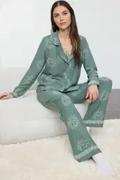 Green Sun Patterned Viscose Woven Pajama Set