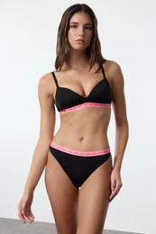 Black Micro Slogan Elastic Detailed Coated Knitted Underwear Set