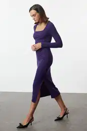 Purple Ribbed Square Neck Fitted Long Sleeve Slit Midi Dress