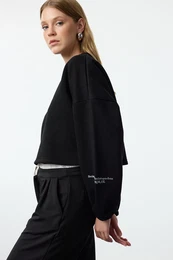 Black Thick Polar Fleece Oversize Crop Sleeve Printed Knitted Sweatshirt