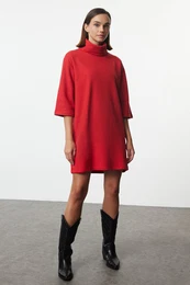 Red Turtleneck Shift/Straight Mini Thessaloniki Long Sleeve Knitted Dress