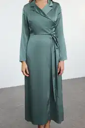 Mint Double Breasted Sash Detailed Satin Woven Evening Dress