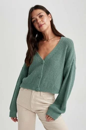 Regular Fit V Neck Basic Plain Buttoned Knitwear Cardigan