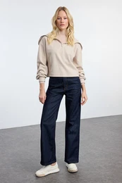 Dark Blue Iron-On High Waist Straight Jeans