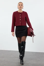 Burgundy Crop Woven Tweed Jacket