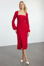 Red Slit Square Collar Woven Dress