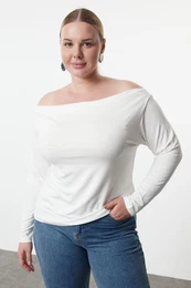 Curve Ecru Carmen/Madonna Collar Flexible Draped Knit Plus Size Blouse