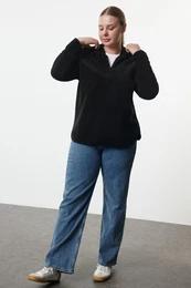 Curve Black Low Sleeve Hooded Oversize Knitted Sweatshirt