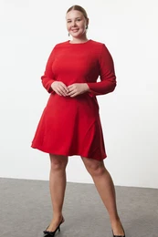 Curve Red Basic Long Sleeve Hidden Zipper Mini Woven Plus Size Dress