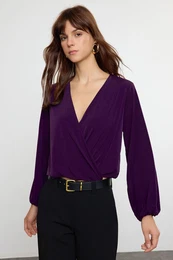 Dark Purple Slim Double Breasted Collar Stretchy Knitted Blouse