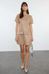 Mink Crew Neck Stone Detailed Shift/Straight Mini Suede Knitted Dress