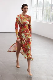 Limited Edition Printed, Fitted, Stretchy Midi Knitted Dress with Tie Detail