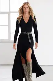 Limited Edition Black V-Neck Skater/Waist Opening Stretchy Maxi Knitted Dress