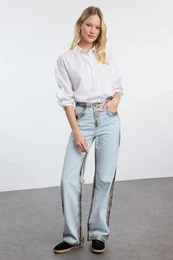 Light Blue Leopard Print High Waist Wide Leg Jeans