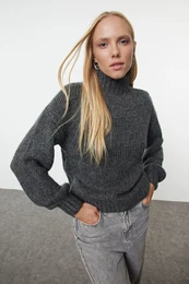 Anthracite Wide Fit Soft Textured Basic Knitwear Sweater