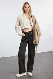 Brown Faded Effect Vintage Stitch Detail High Waist Wide Leg Jeans