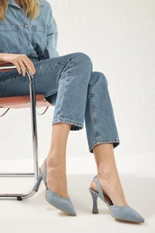 Blue Denim Pointed Toe Thin Heeled Slingback Women's Heeled Shoes