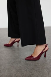 Burgundy Gold Buckle Pointed Toe Women's Slingback Thin Heel Shoes