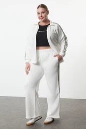 Curve Ecru Stand Collar Oversize Fit Stripe Detailed Polar Fleece Knitted Plus Size Tracksuit