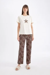 Fall In Love Pajama Set Leopard Patterned Crew Neck Short Sleeve Top Elastic Waist Bottom