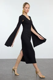 Black V Neck Woven Chic Midi Evening Dress