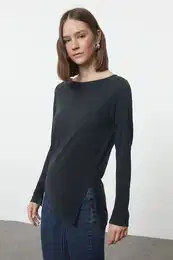 Anthracite Boat Neck Regular/Normal Fit Knitted Blouse