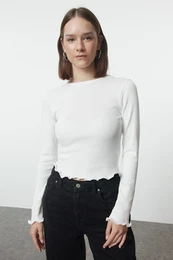 Ecru Fitted Crop Ribbed Stretchy Knitted Blouse