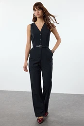 Navy Blue Belted Striped Long Jumpsuit