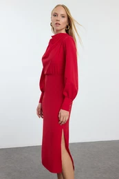 Red Plain Midi Woven Dress