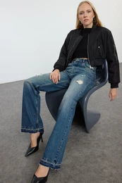 Dark Blue Ripped Normal Waist Wide Leg Jeans