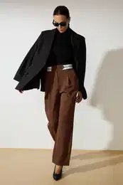 Brown Wide Leg/Wide Leg Woven Waist Detailed Fabric Trousers