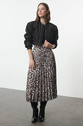 Brown Leopard Pleated Maxi Length Woven Skirt
