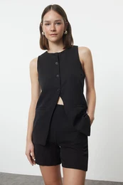 Black Crew Neck Woven Vest-Shorts Set
