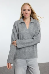 Grey Wool Wide Pattern Polo Neck Basic Knitwear Sweater